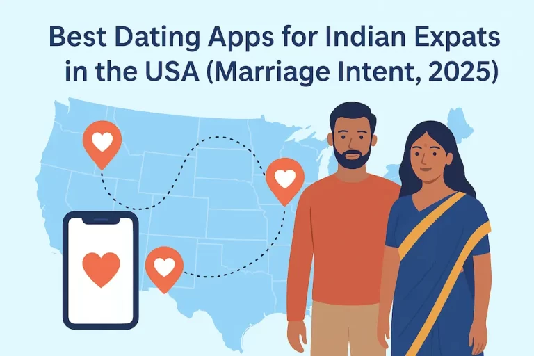 Illustration showing Indian couple in front of USA map with heart location pins, representing best dating apps for Indian expats with marriage intent in 2025