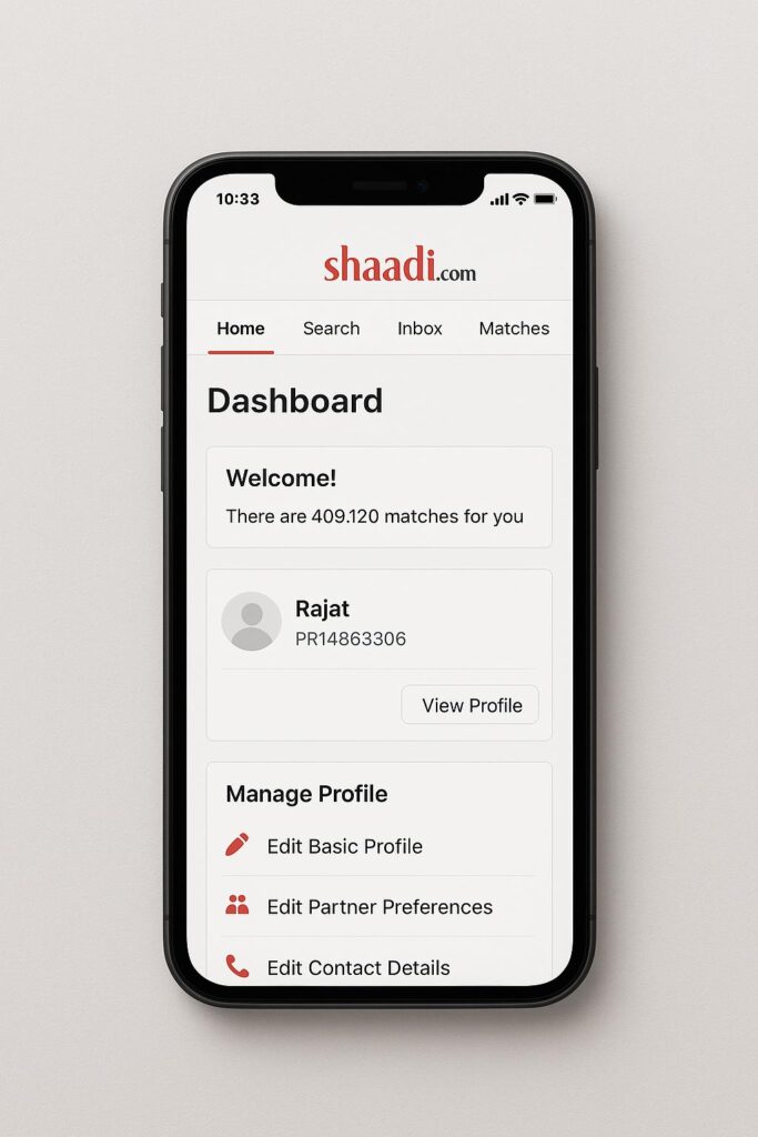 Shaadi.com matrimonial profile interface for Indian expats abroad - Best Dating App for Indian Expats 2025