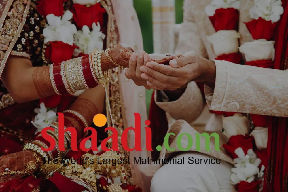Shaadi.com – The Marriage-First Platform, one of the Best Dating Apps for Indians in the USA, featuring a traditional Indian wedding couple holding hands