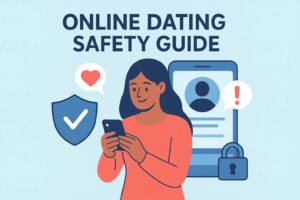 Illustration of a woman using a secure dating app with verification shield icons, representing Online Dating Safety Guide tips for safe and secure online relationships.